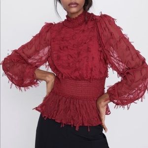 Zara Gorgeous Fringed Blouse Intense Red M Christmas Party Holiday Birthday